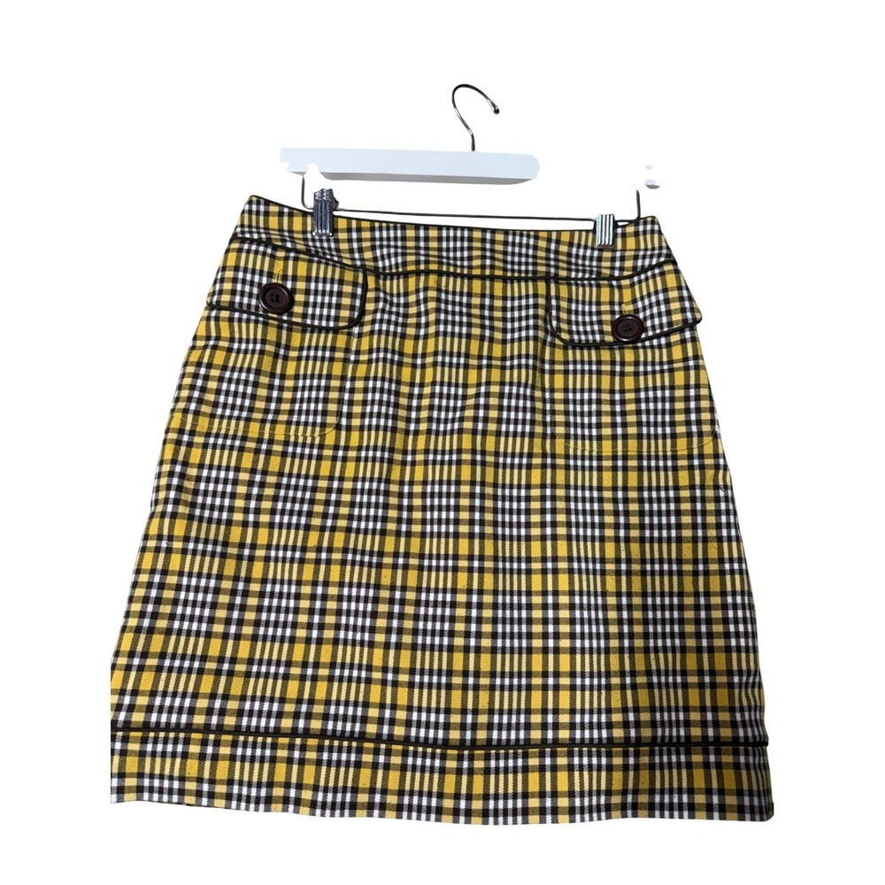 Harolds Yellow Black Plaid Mini Skirt A-Line Academic Check Button Size 4